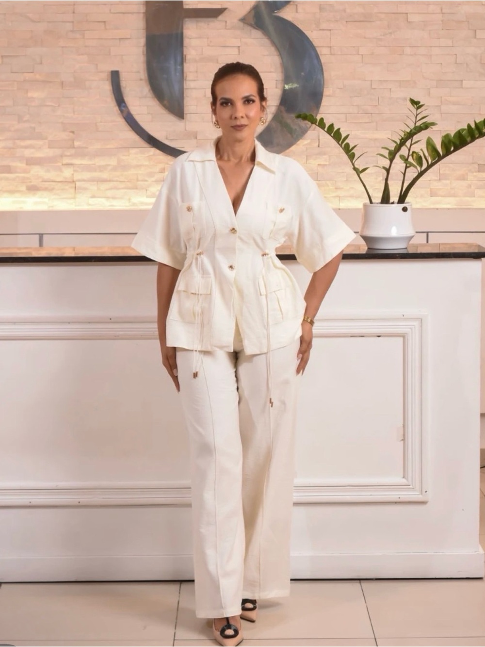 Women's Cream Utility Jacket & Wide-Leg Pants Set